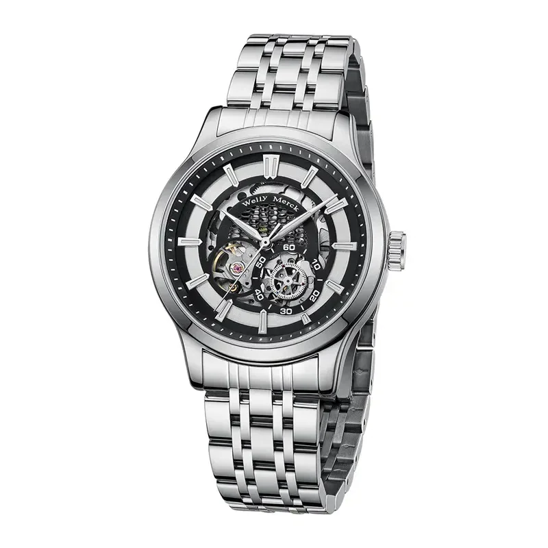Men's stainless steel automatic watch with skeleton dial, black and silver design, and detailed movement.