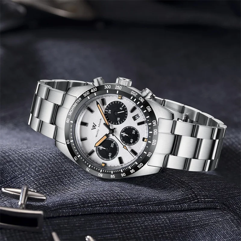High-quality stainless steel wristwatch featuring tachymeter, chronograph functions, and stylish black dial.