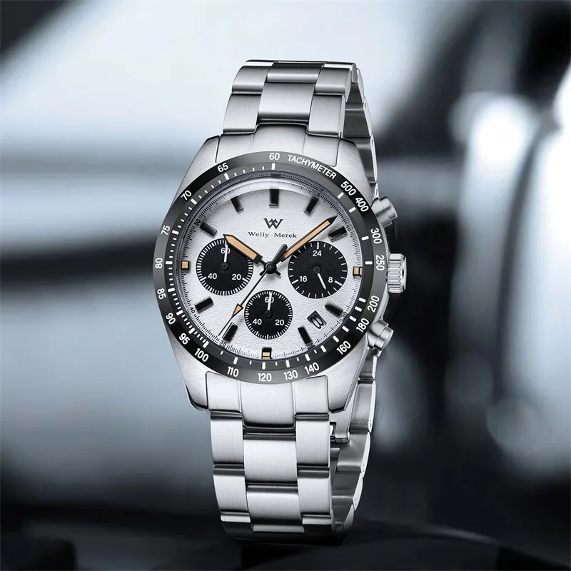 Stainless steel men's chronograph watch with silver dial, tachymeter, and multiple subdials.