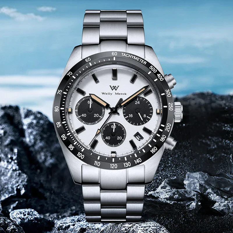 Stainless steel men's chronograph watch with black and white dial and tachymeter.