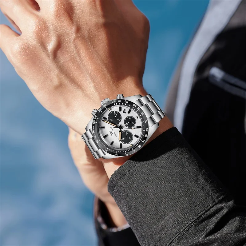Stainless steel men's chronograph watch with black dial, perfect for stylish accessories.