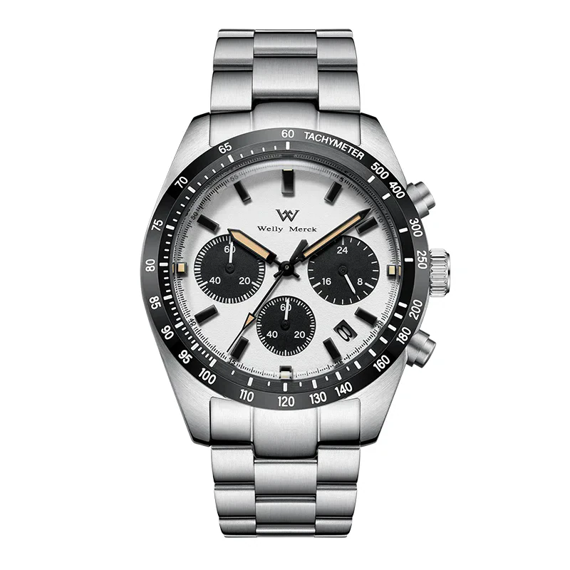 Stainless steel men's chronograph watch with tachymeter. Elegant and durable design. Perfect for stylish accessories.