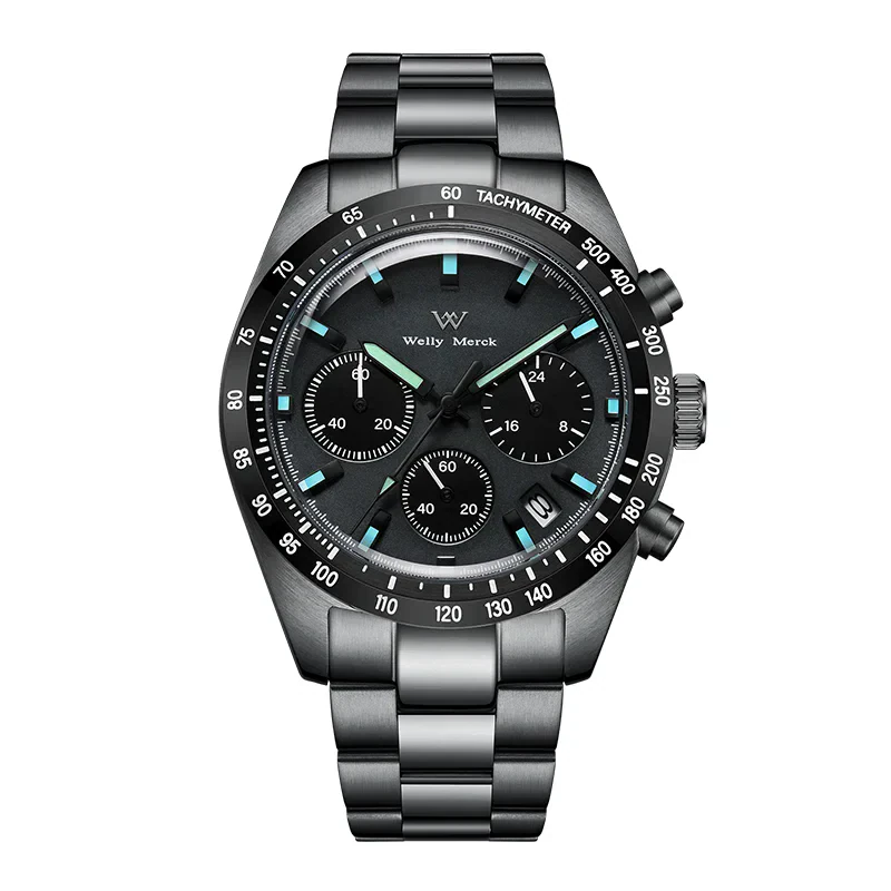 Stylish men's sports watch with chronograph and tachymeter in sleek black finish.