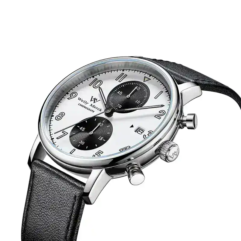 Elegant men's leather wristwatch with chronograph features. Suitable for everyday and formal wear.