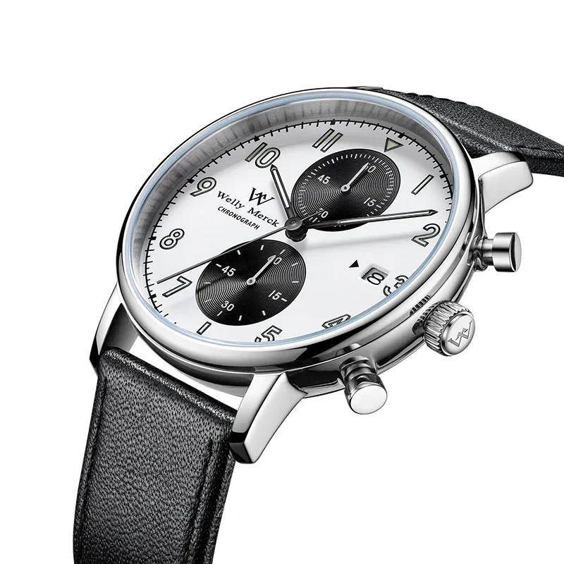 High-quality men's chronograph wristwatch with stainless steel case and black leather strap.
