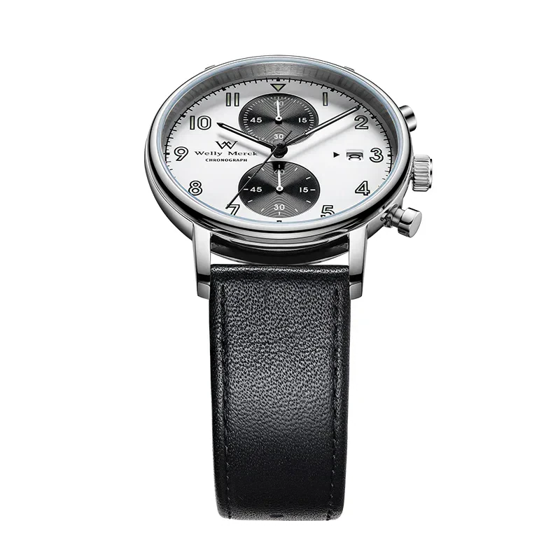 High-quality men's leather strap watch with silver case and white dial. Perfect for stylish, luxury accessories.