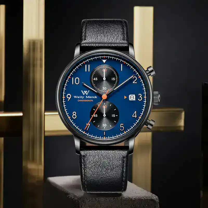 Men's luxury wristwatch with blue dial and black leather strap. Perfect for elegant occasions and everyday wear.