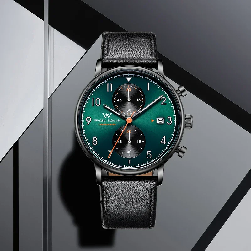 Luxury men's chronograph wristwatch with black leather strap and teal dial.