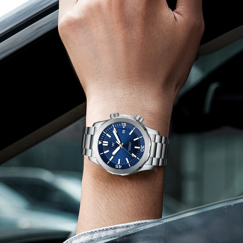Men's blue face sports watch with stainless steel strap, water-resistant, stylish accessory.