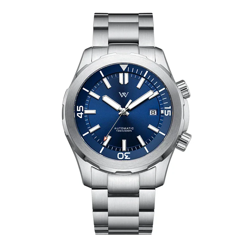Stainless steel wristwatch with blue dial, automatic movement, and water resistance. Perfect for men's luxury aquatic accessories.