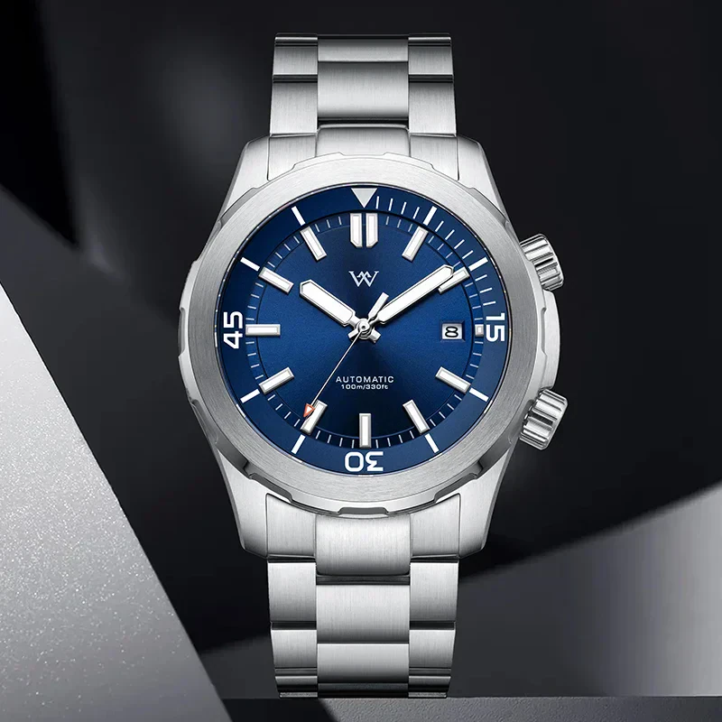 Stainless steel men's diver watch with blue dial, automatic movement, and water resistance up to 100m.