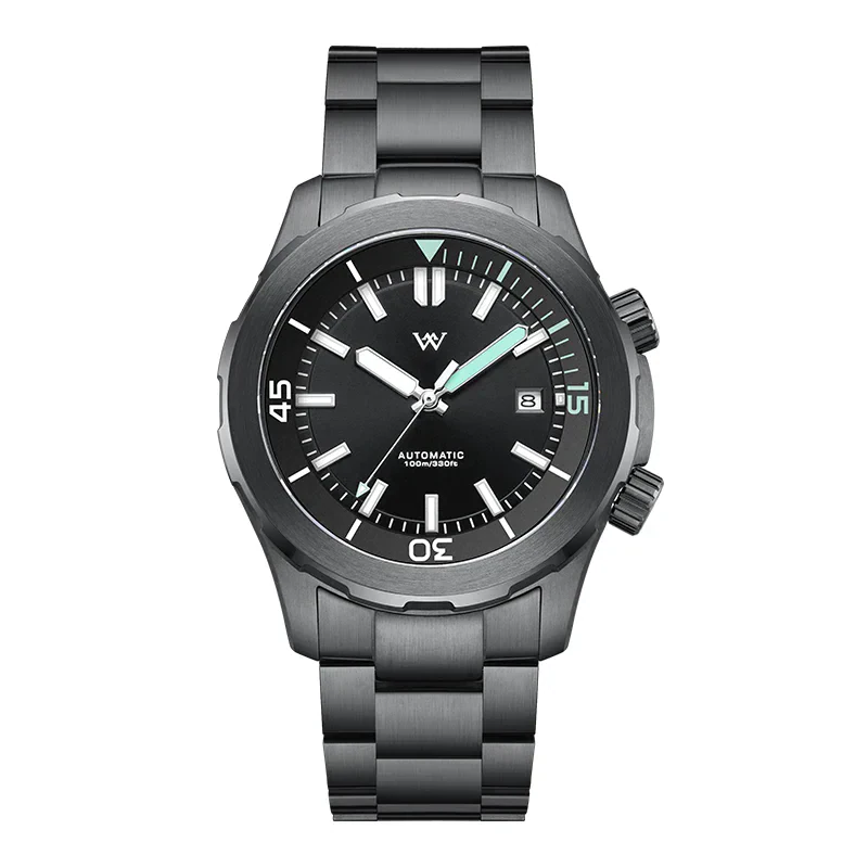 Stainless steel black dive watch with luminous hands and date display.