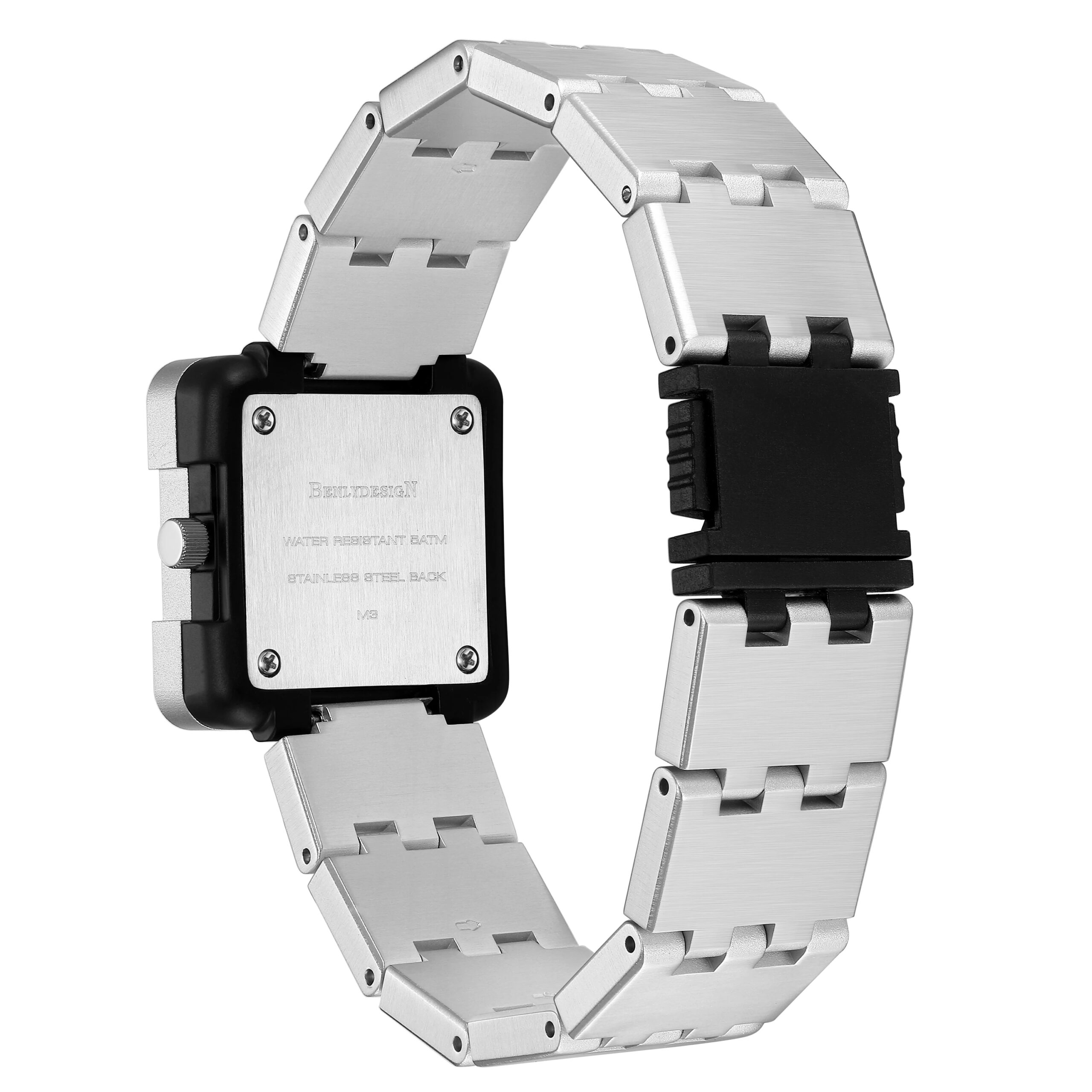 Stainless steel men's wristwatch with black accent band, water-resistant, stylish and durable.