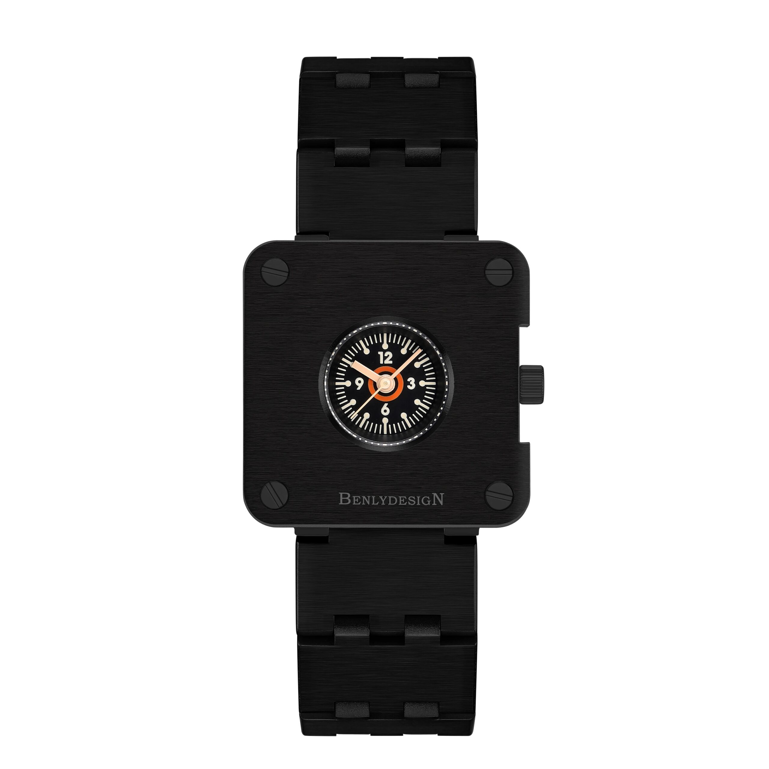 Stylish black square wristwatch featuring an analog dial with orange accents, perfect for contemporary fashion.