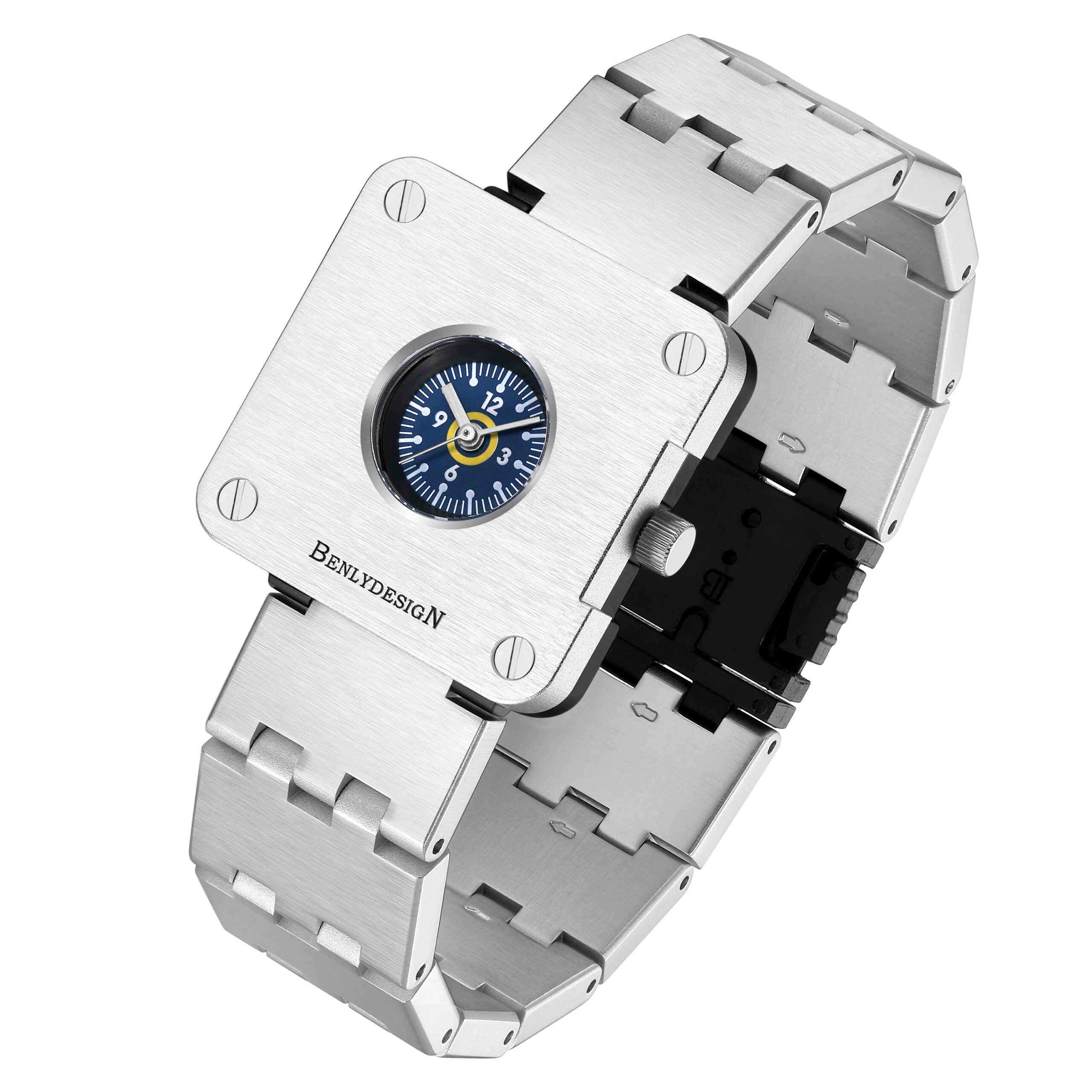Silver stainless steel watch featuring a unique square design and small blue dial. Perfect for modern jewelry lovers.