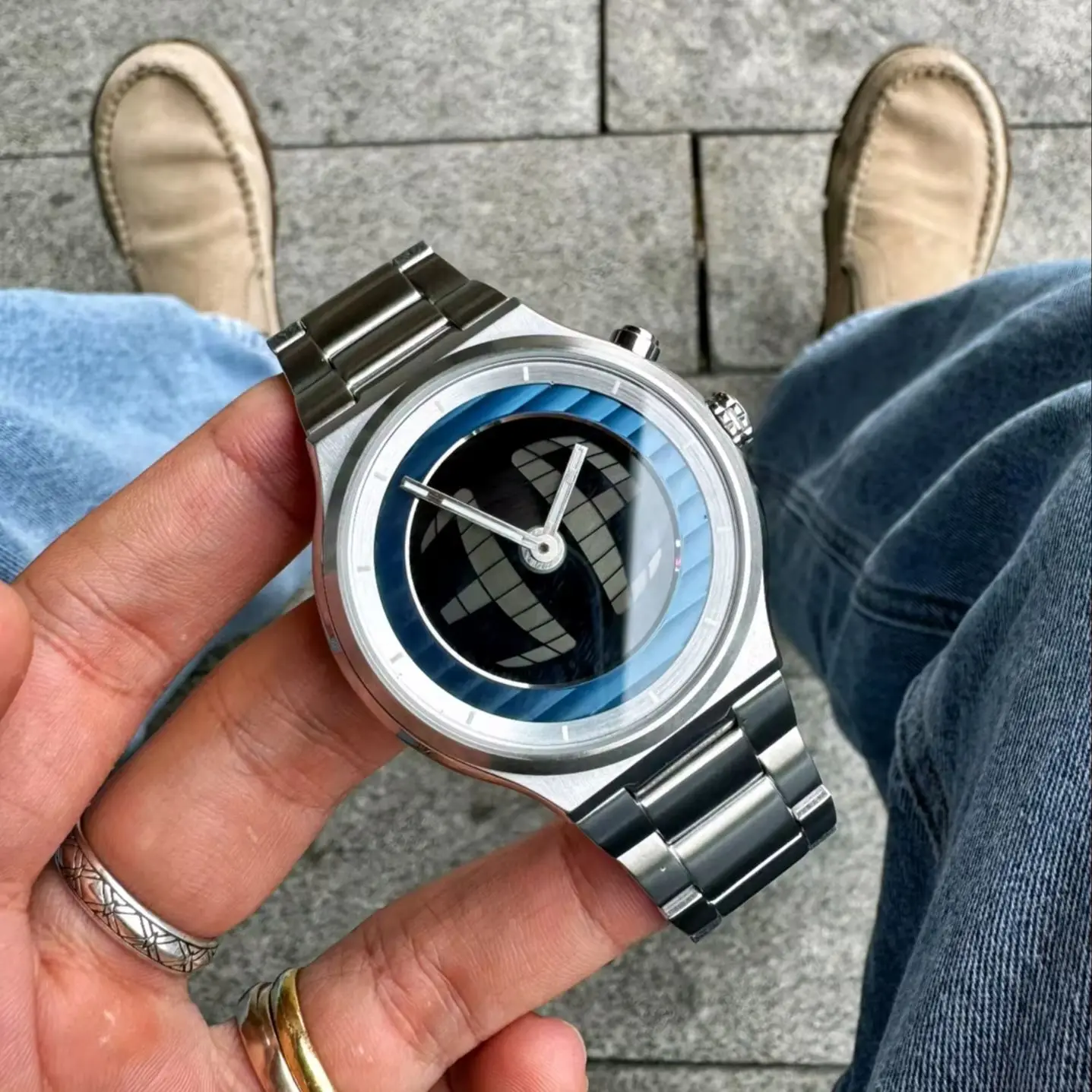 High-quality stainless steel men's watch with black and blue dial, perfect for stylish accessory.