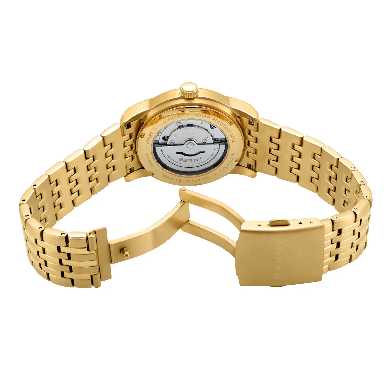 Elegant gold stainless steel watch with visible automatic movement and water resistance.