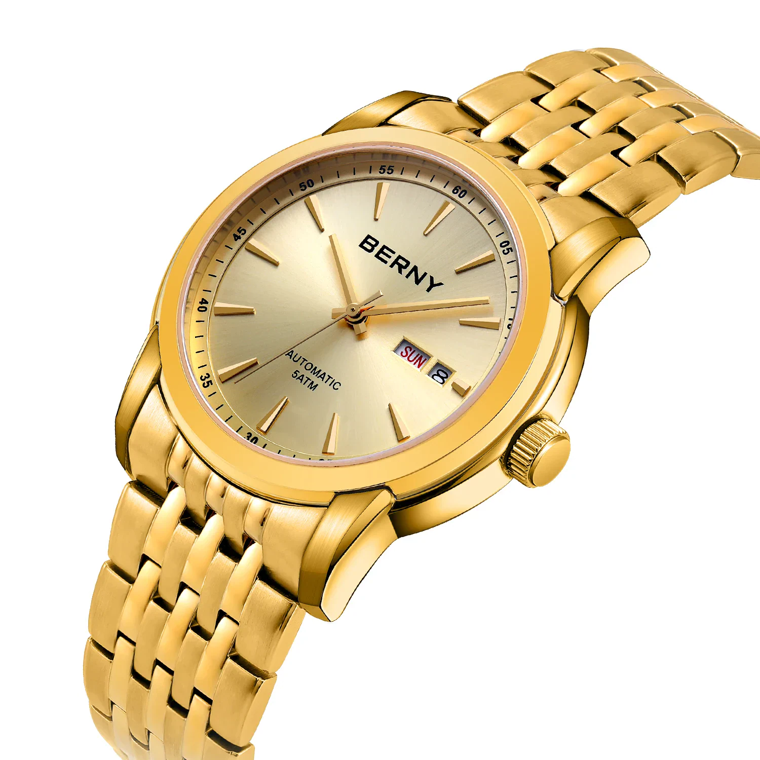 Elegant gold-tone stainless steel luxury watch featuring day and date window, automatic movement, and 5 ATM water resistance.