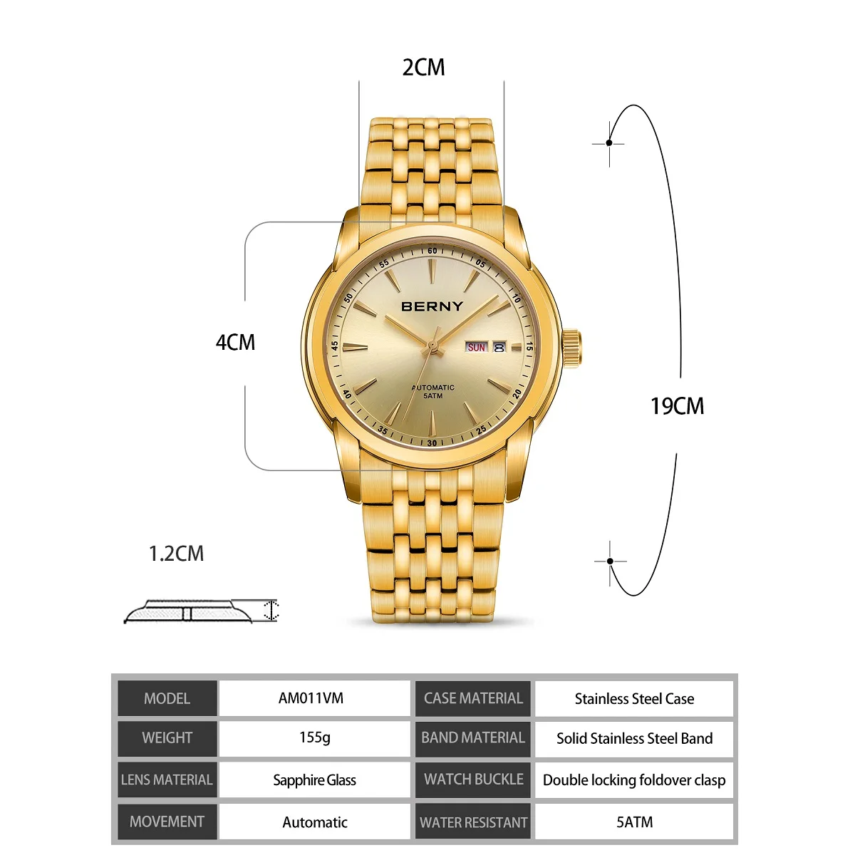 Elegant gold men's wristwatch with sapphire glass and automatic movement.