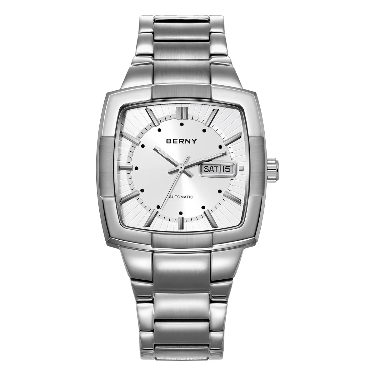 High-quality stainless steel silver watch with date and day display, automatic movement, stylish design.