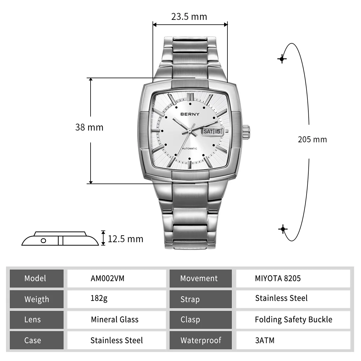 Stainless steel men's watch with a durable band and mineral glass lens, water-resistant up to 3ATM.