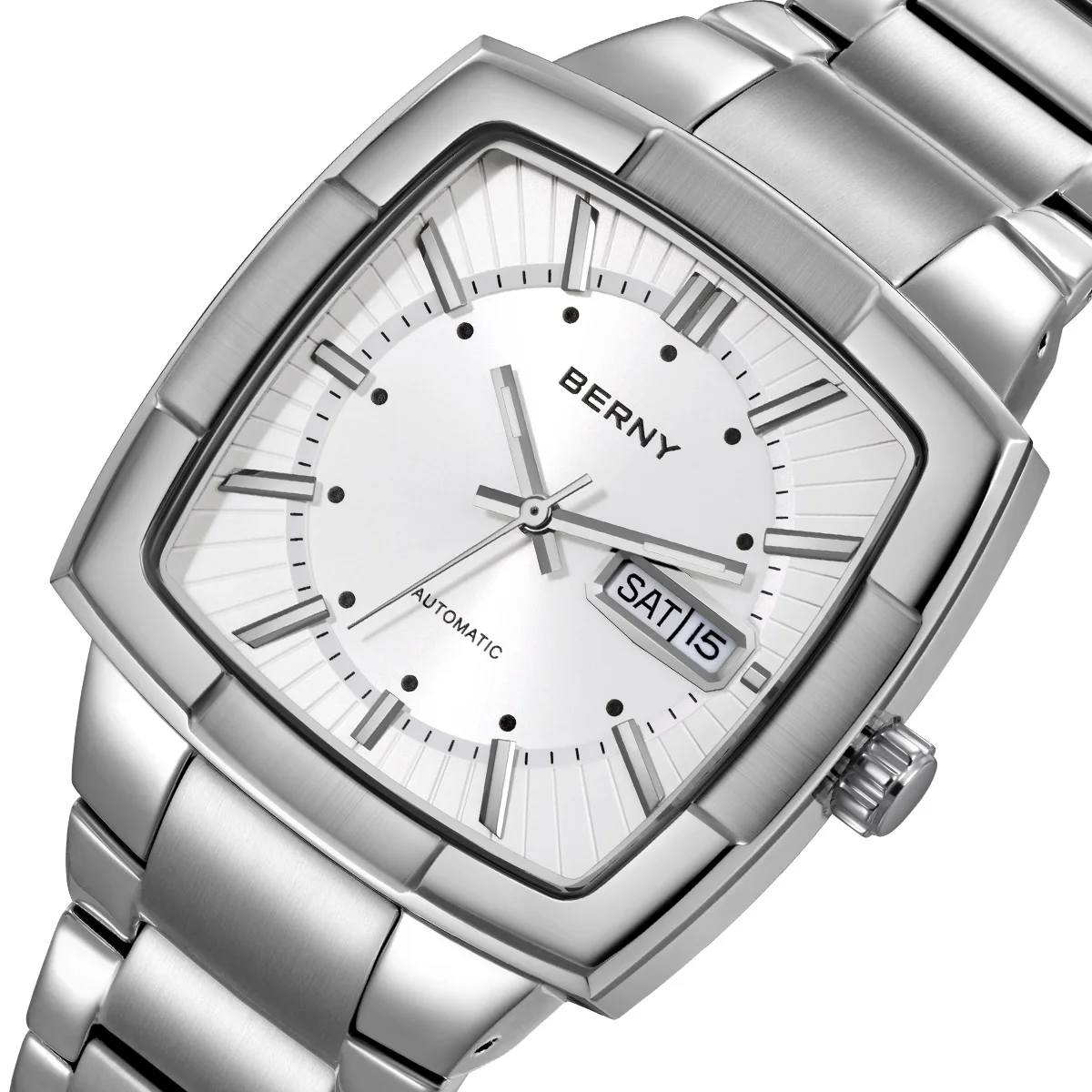 Stainless steel men's watch featuring a white dial, day and date window, and automatic movement.