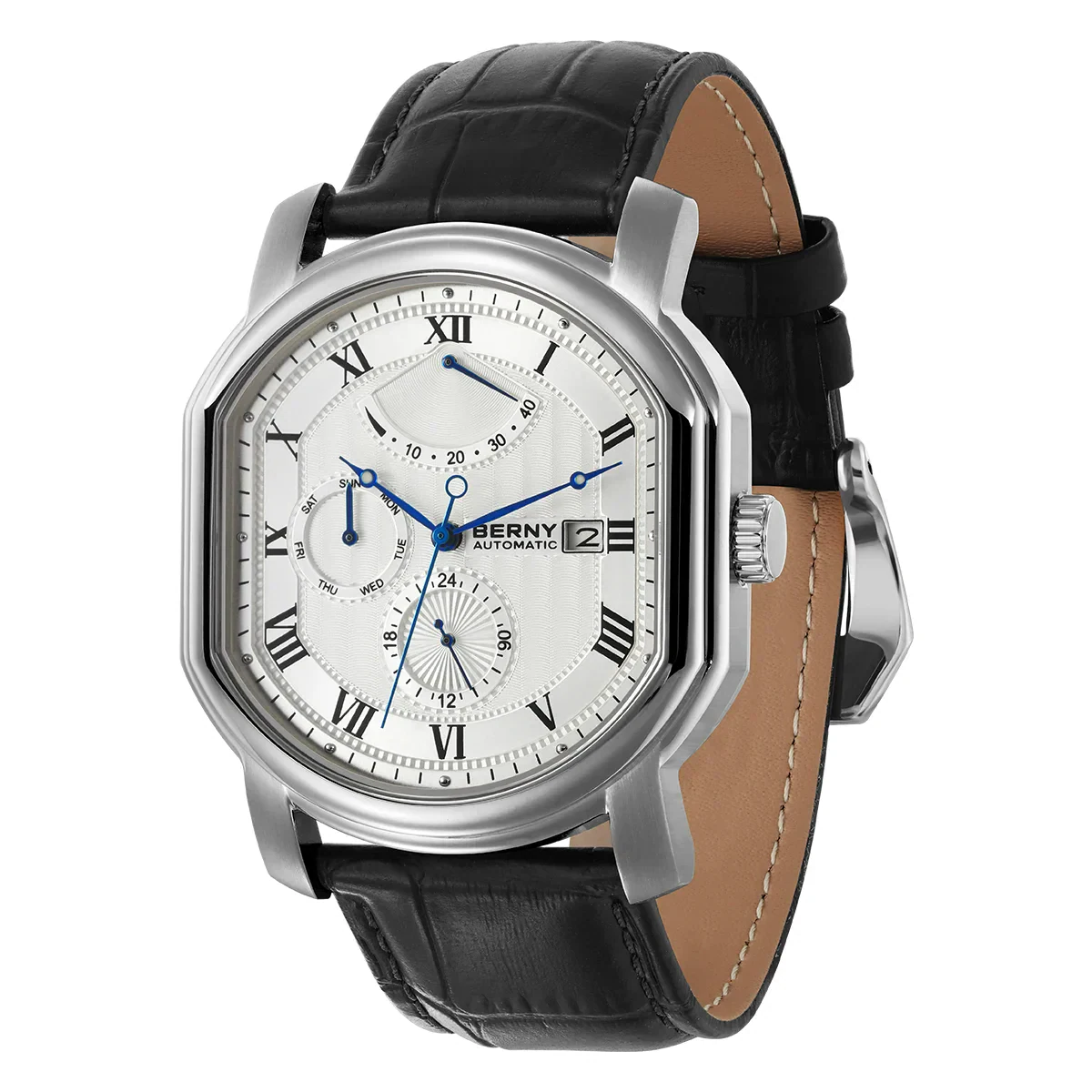 Luxury men's watch with black leather strap, silver case, and chronograph features.