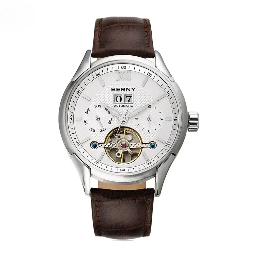 Elegant men's wristwatch featuring a leather band and open-heart dial design.