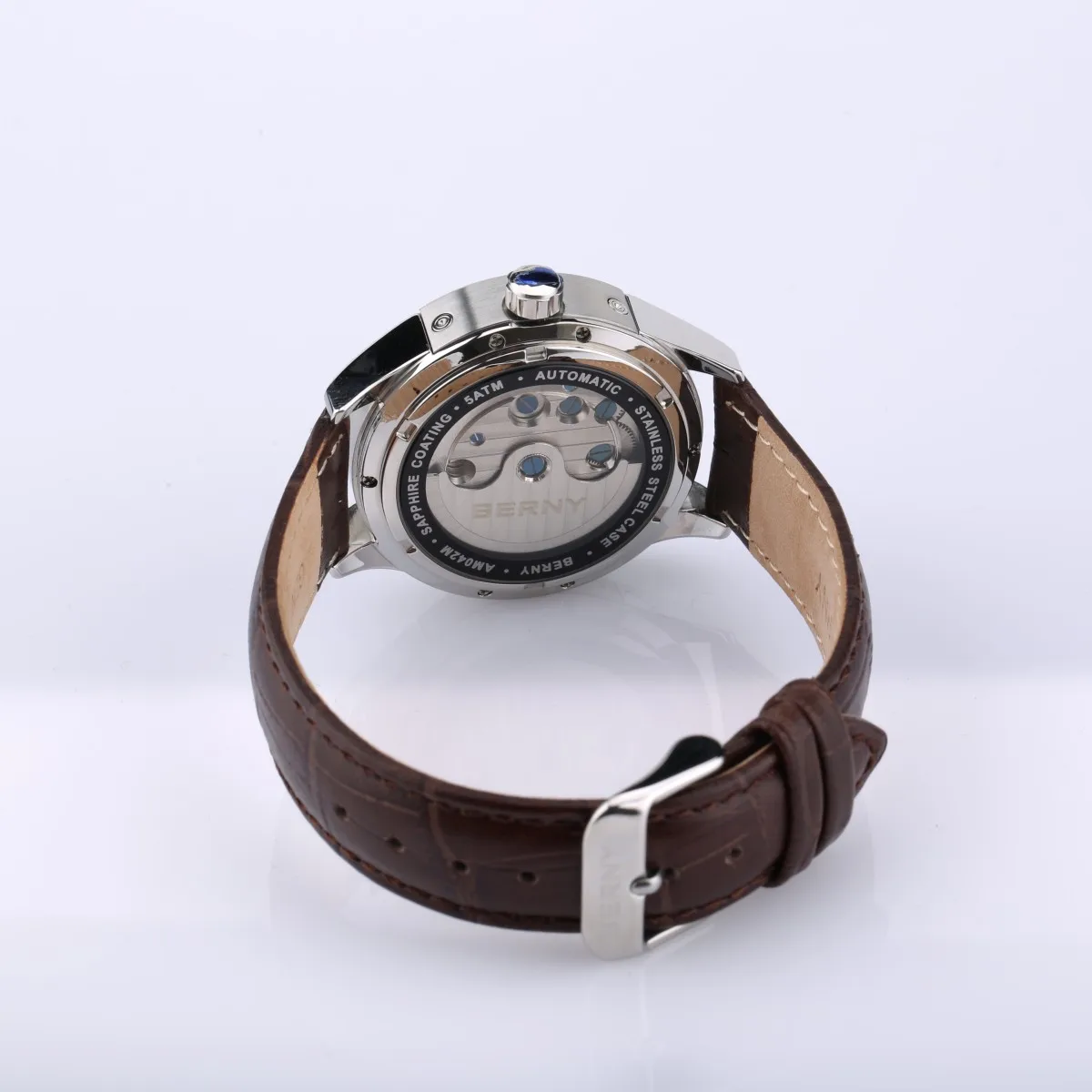 Luxury men's wristwatch with leather band, automatic movement, and sapphire crystal. Ideal for watch enthusiasts.