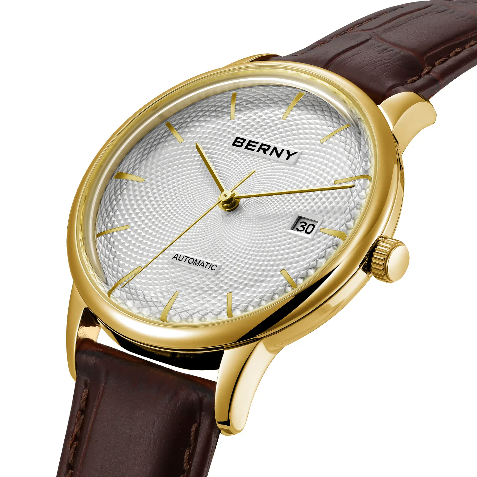 High-quality men's gold-tone wristwatch featuring a textured dial, date window, and brown leather strap.