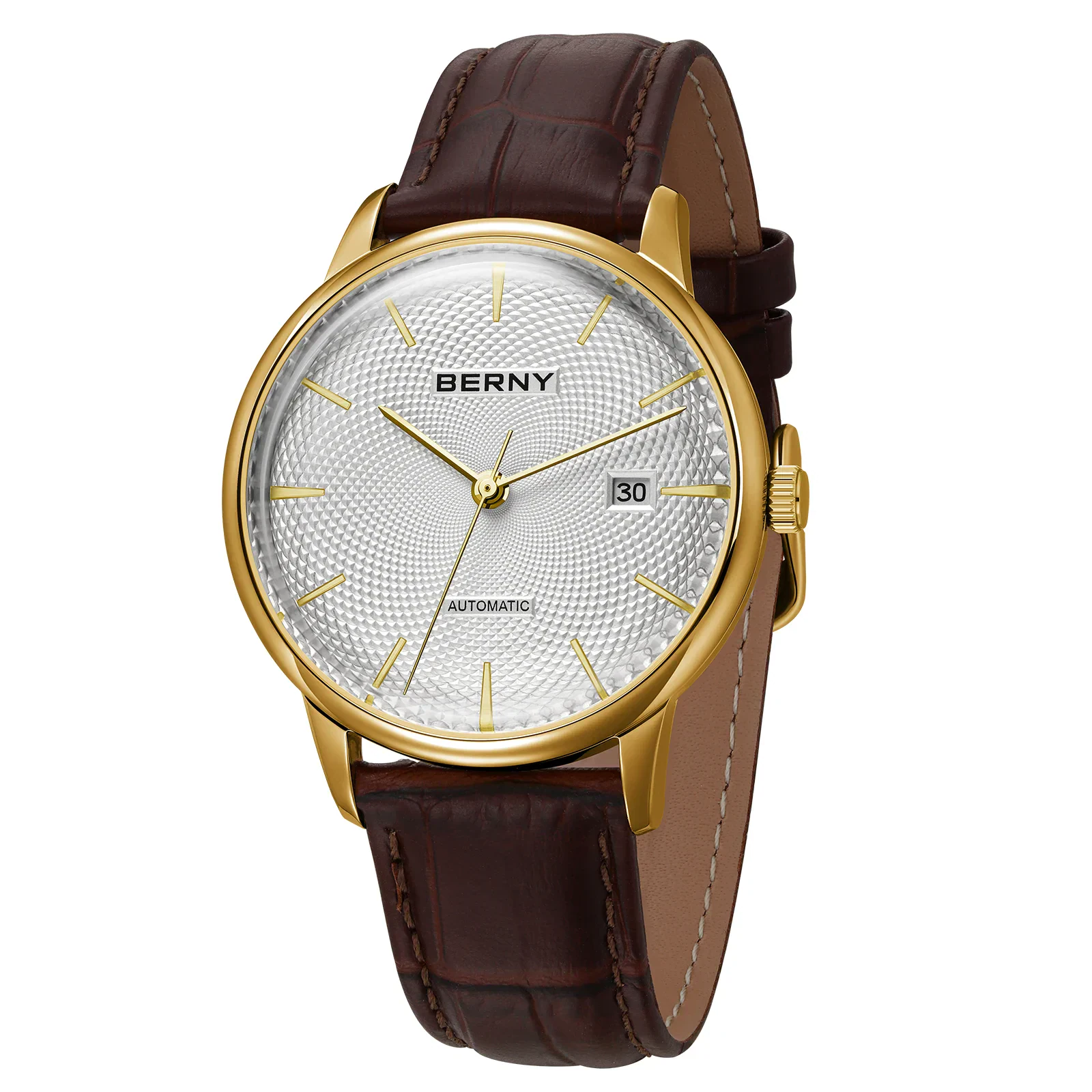 High-quality gold-tone men's wristwatch with leather strap, automatic movement, and date display. Perfect for luxury jewelry lovers.