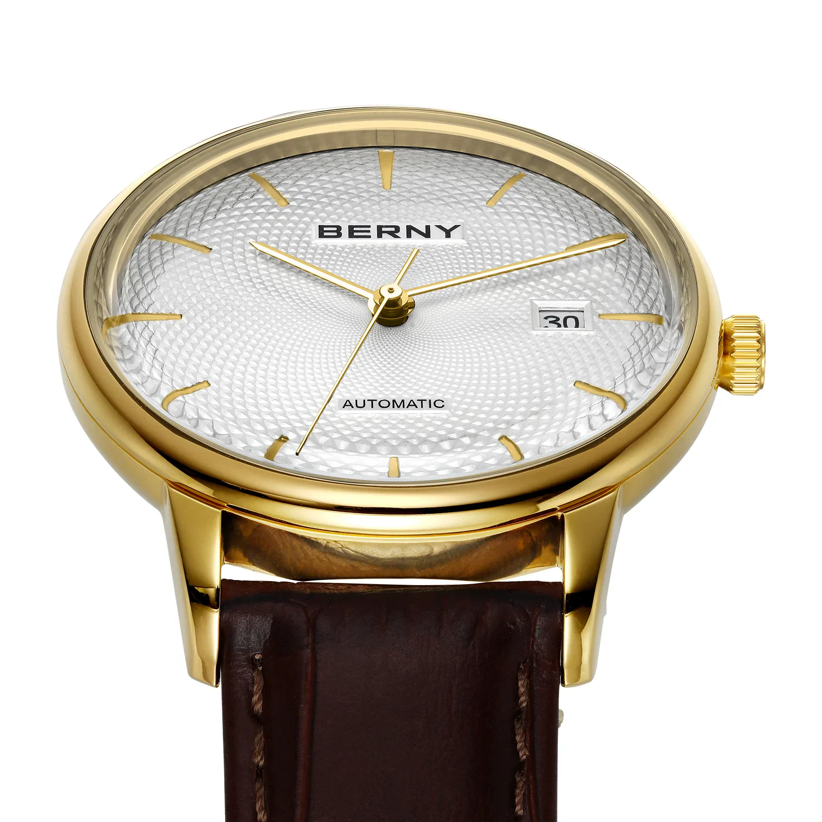 Luxury men's gold wristwatch with leather band, date display, and automatic movement.