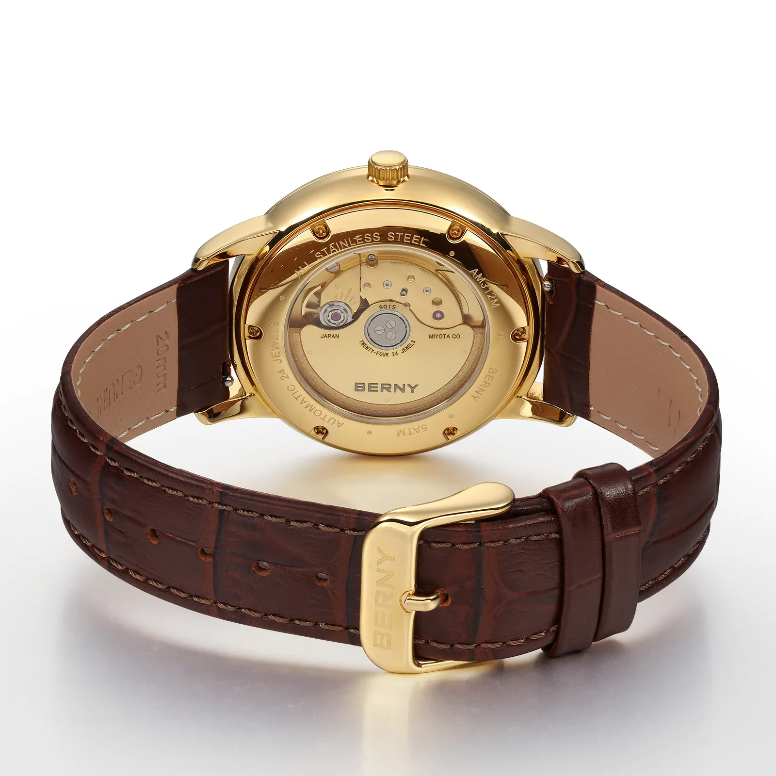 High-quality gold-tone wristwatch with a transparent back showcasing intricate mechanical movement and brown genuine leather strap.