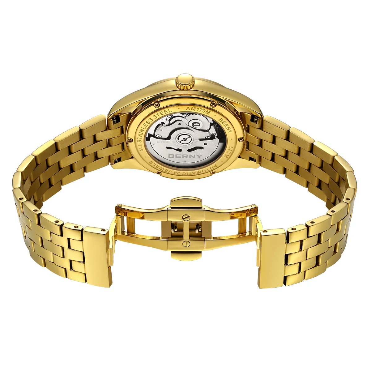 Gold stainless steel wristwatch with transparent back and automatic movement.
