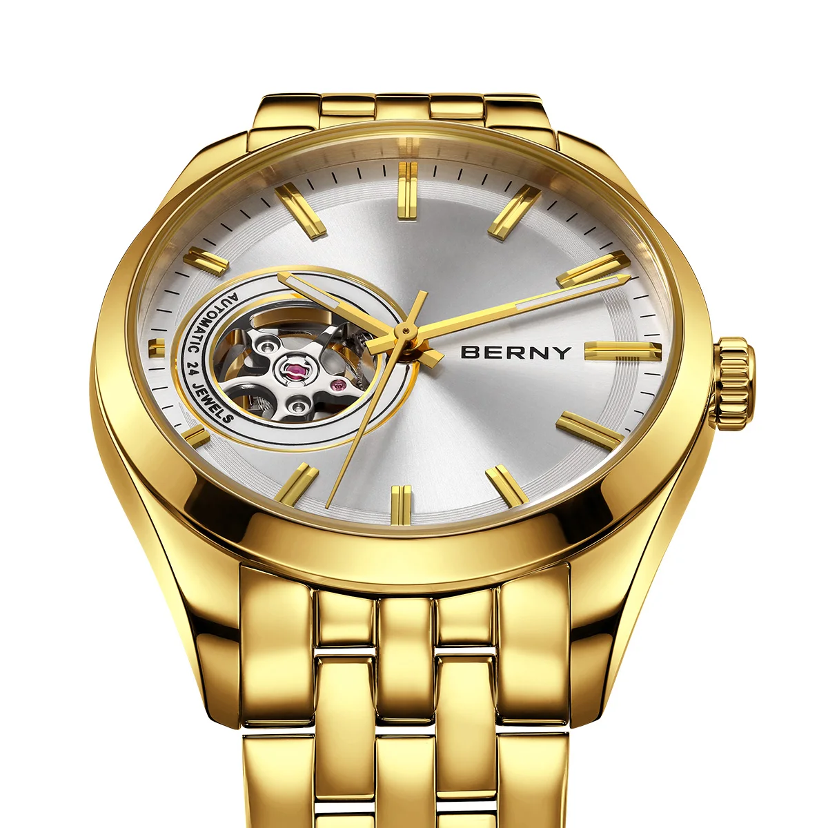 Stunning gold-toned men's watch with automatic movement and open-heart design for elegant style.