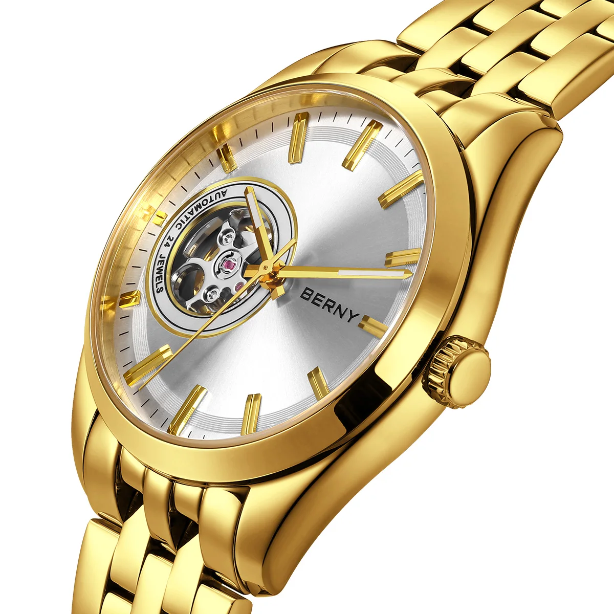Elegant men's gold-tone wristwatch with open-heart movement and stainless steel band.
