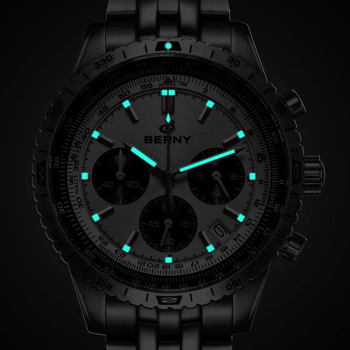 Luxury black men's chronograph watch with glow-in-the-dark details for stylish accessories.