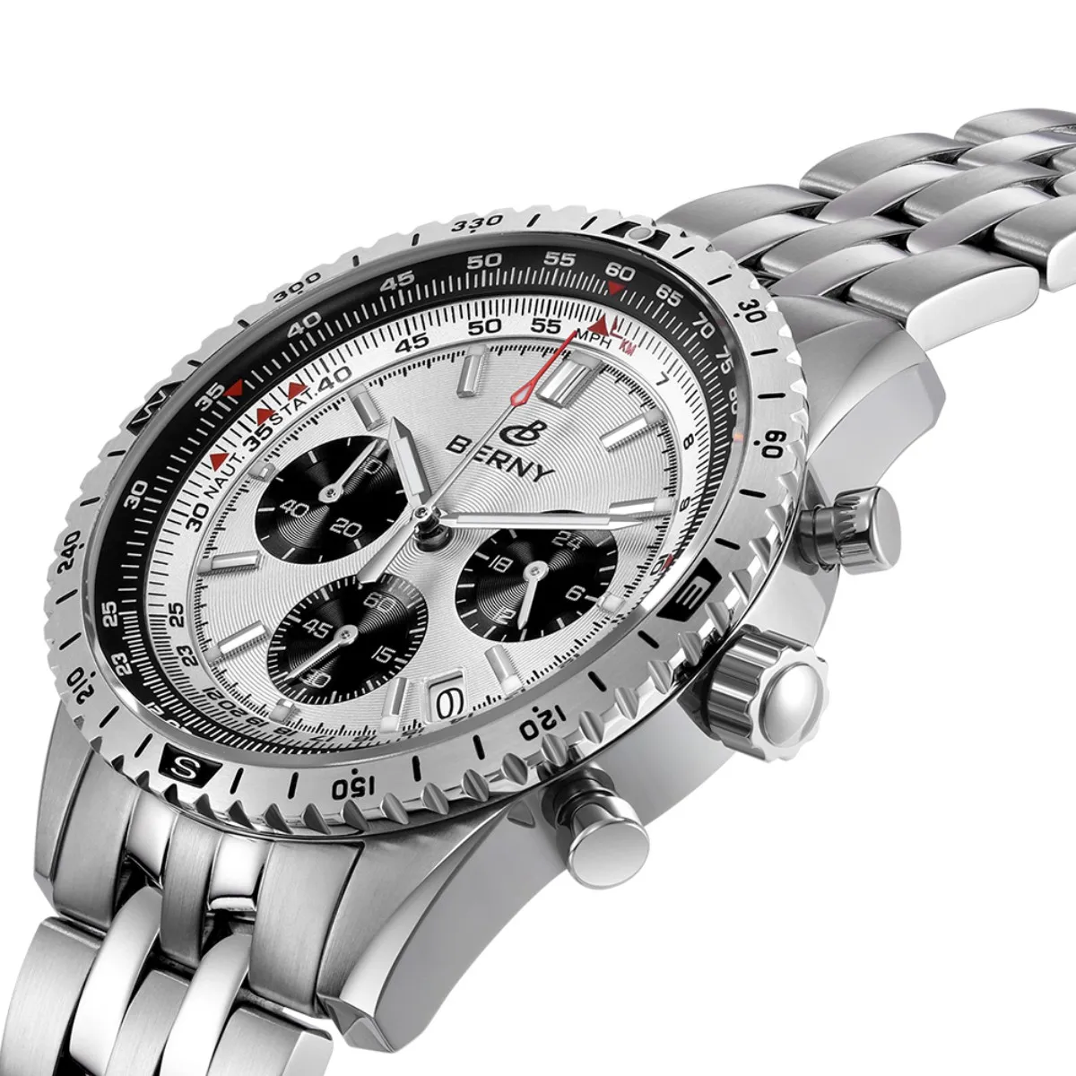 Stainless steel men's wristwatch featuring chronograph, tachymeter, and multiple sub-dials for precise timekeeping.