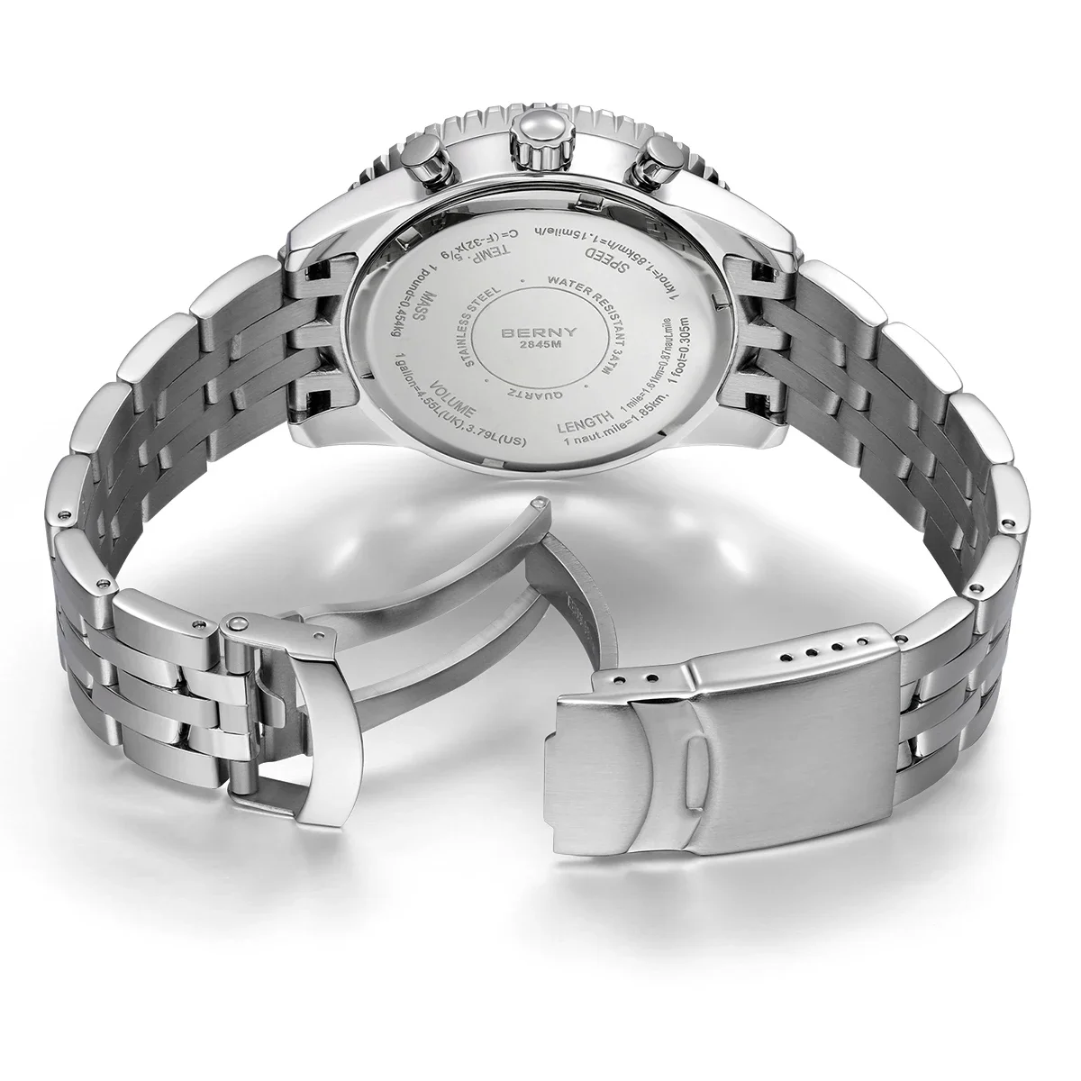 High-quality stainless steel wristwatch with chronograph functions and water resistance.