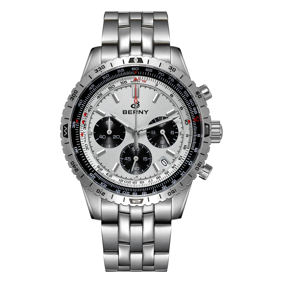 Stainless steel band and round dial with multiple sub-dials, sporty and elegant design.