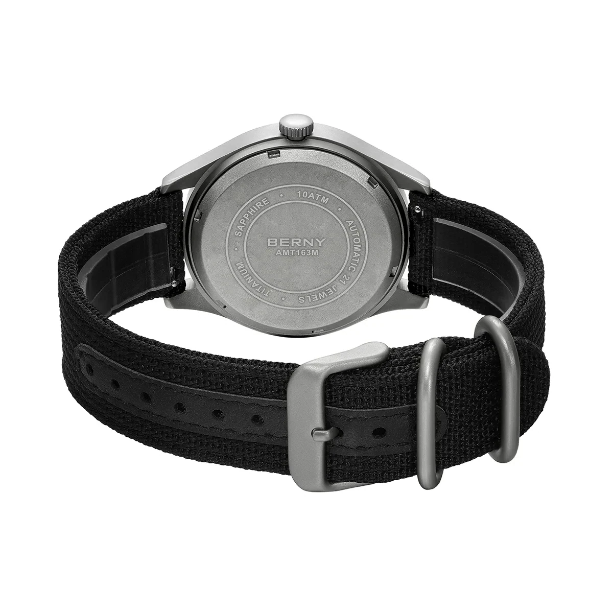 Durable black and silver men's casual watch with fabric strap, water-resistant up to 10ATM.