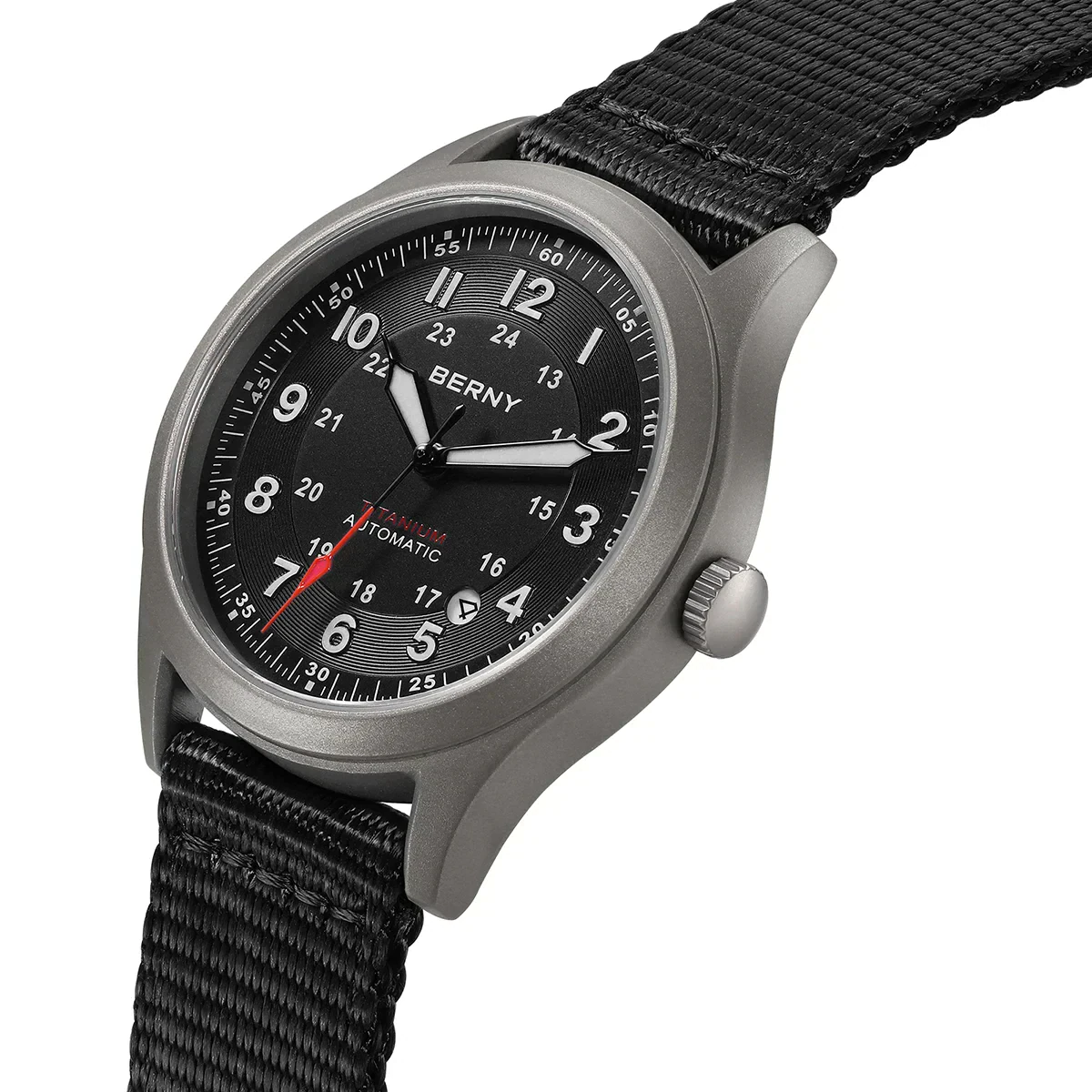 Stylish men's watch featuring a black dial, stainless steel case, and durable nylon strap. Perfect for everyday wear.