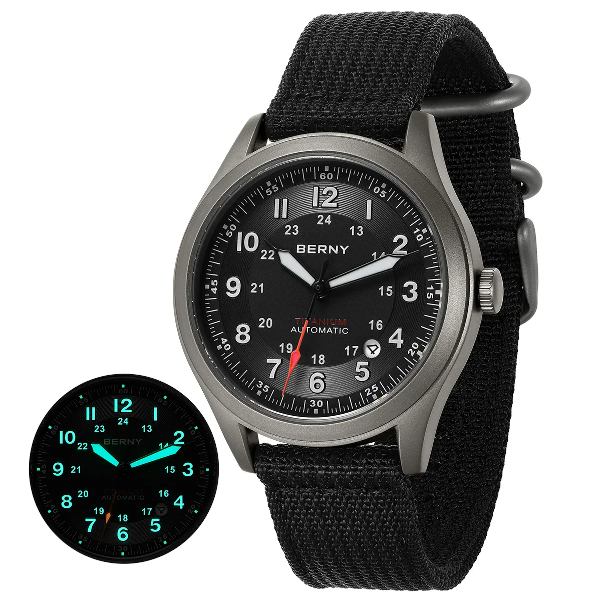 Luminous dial, black fabric strap, military style, automatic movement, durable design.
