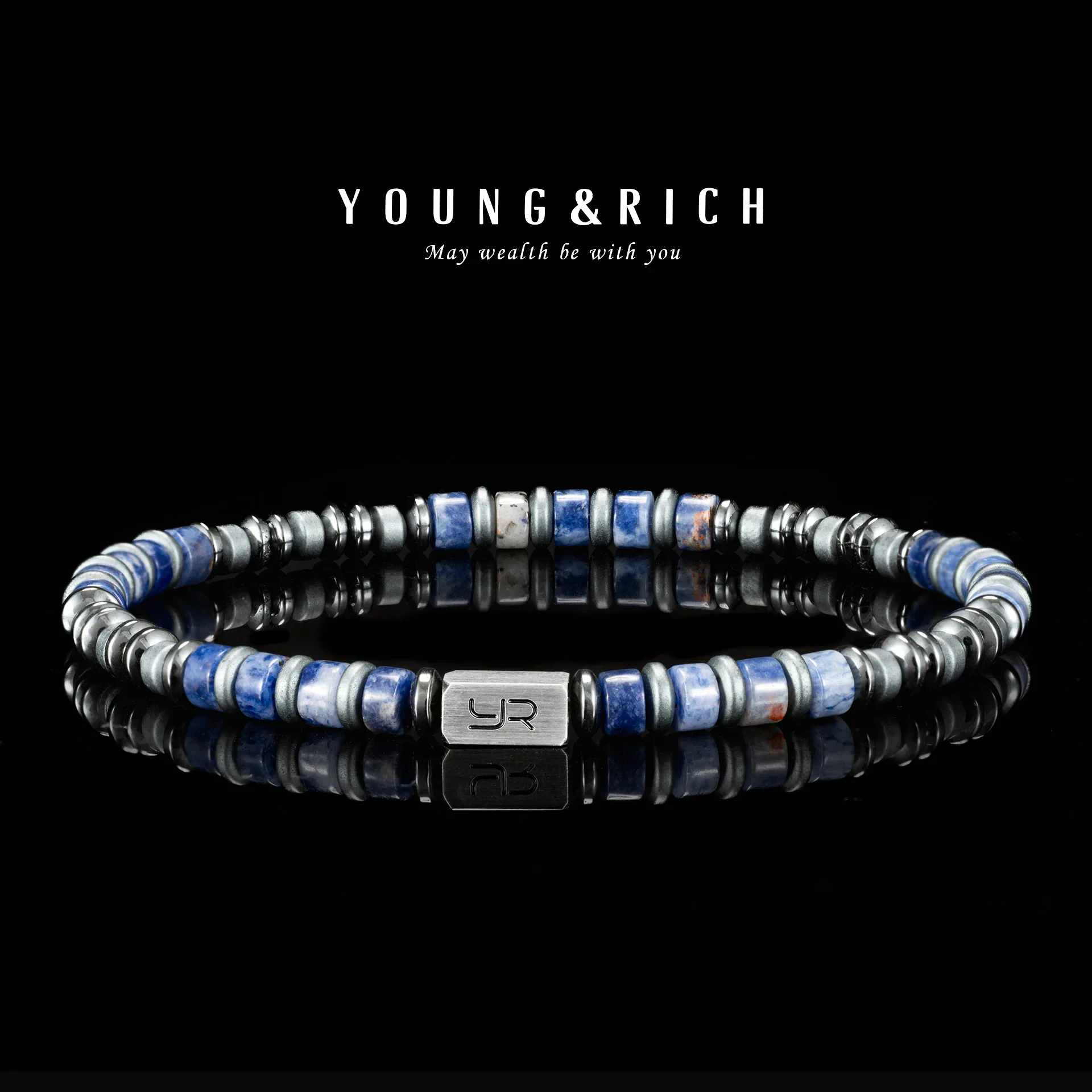Blue and silver beaded bracelet featuring a sleek stainless steel JR logo plate, perfect for modern men's jewelry collection.