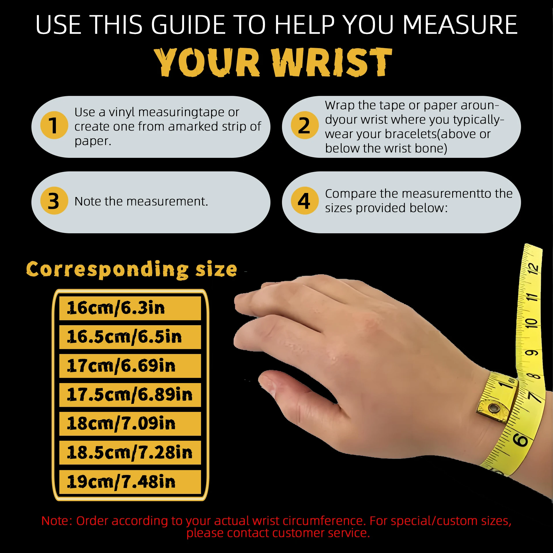 Detailed instructions for measuring wrist size for jewelry fitting.