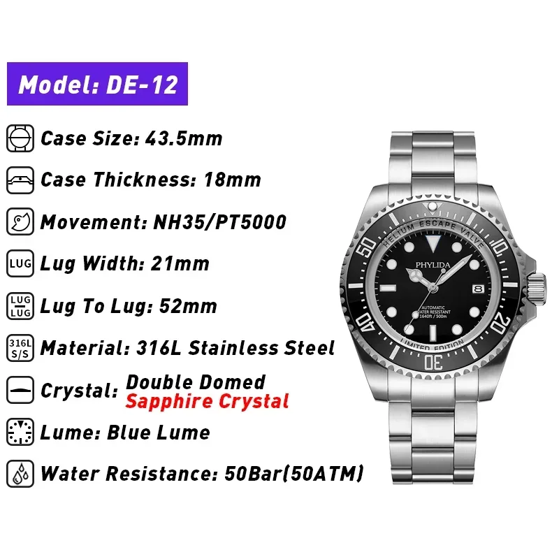 Stainless Steel Dive Watch with Sapphire Crystal, 50ATM Water Resistance, and Blue Lume.
