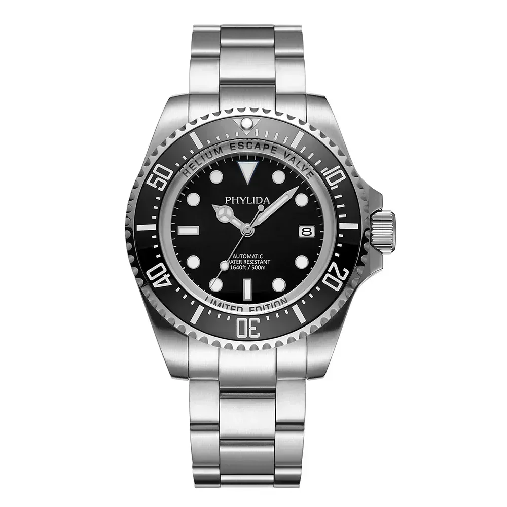 Stainless steel men's diver wristwatch with black dial and ceramic bezel. Water-resistant up to 500m. Perfect for adventure.