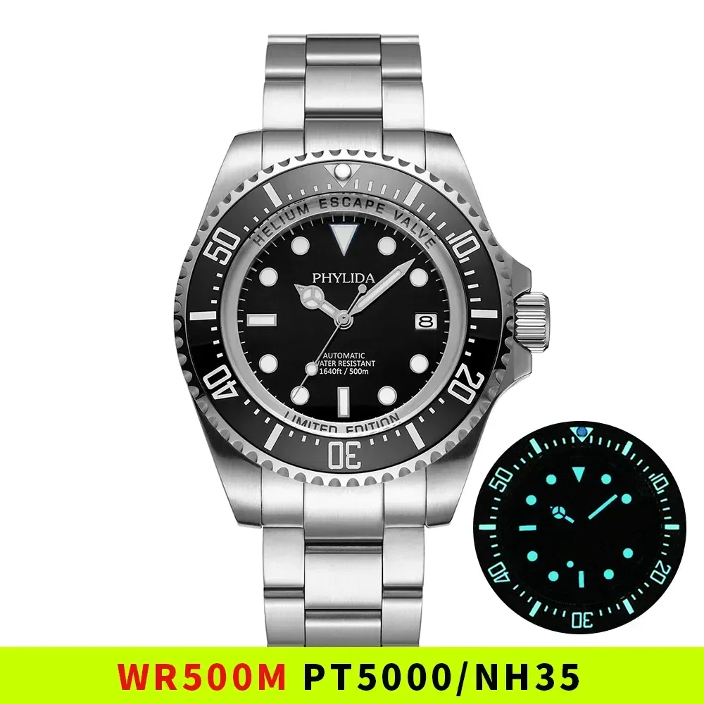 High-quality stainless steel diver's watch with luminous dial and helium escape valve.