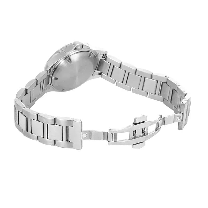 Metal watch with stainless steel strap and sleek design.