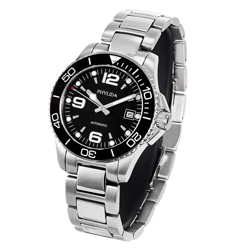 Stainless steel wristwatch featuring a black dial, luminous hands, rotating bezel, and date window.